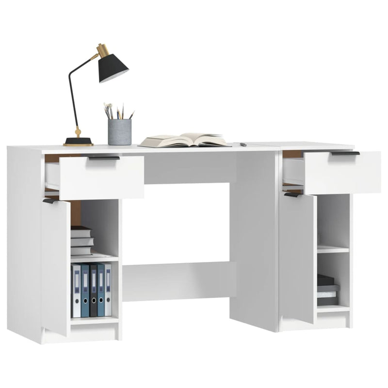 Desk with Side Cabinet White Engineered Wood