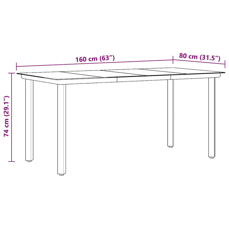 vidaXL Garden Dining Table Black 160x80x74cm Steel and Tempered Glass