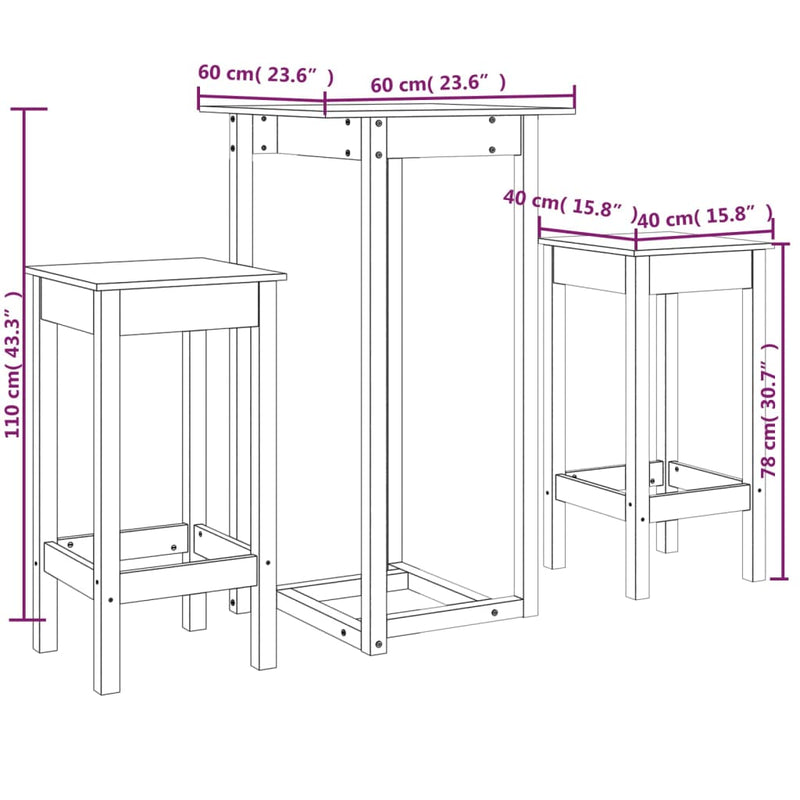 vidaXL 3 Piece Bar Set Solid Wood Pine