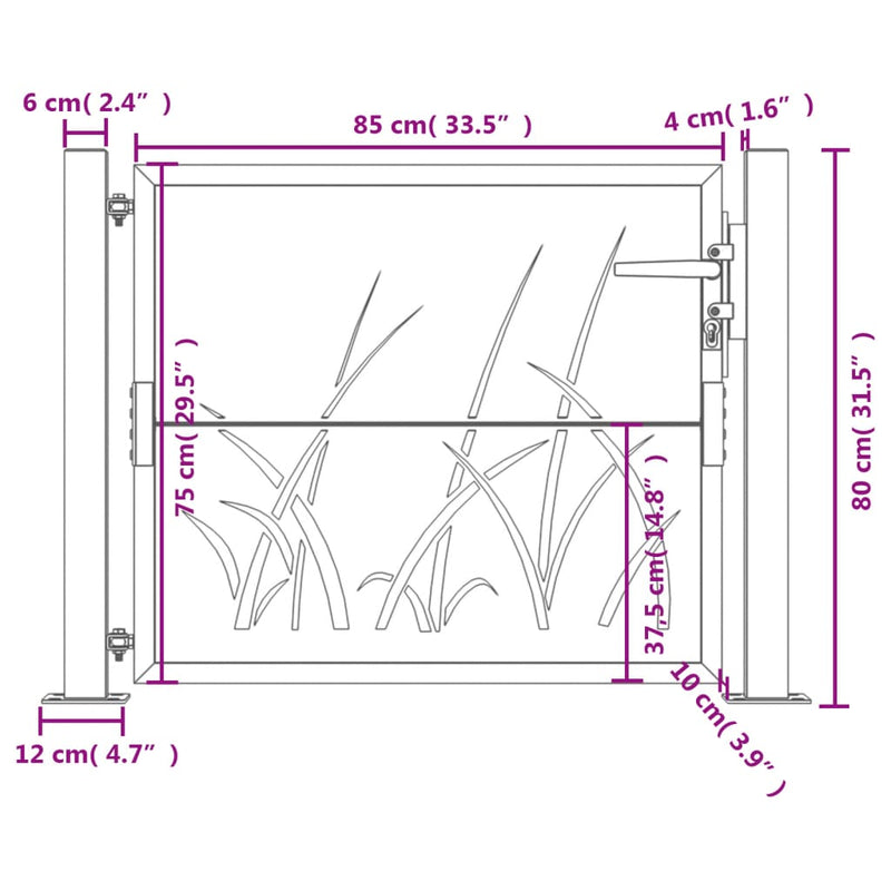 vidaXL Garden Gate Anthracite 100x75 cm Steel Grass Design