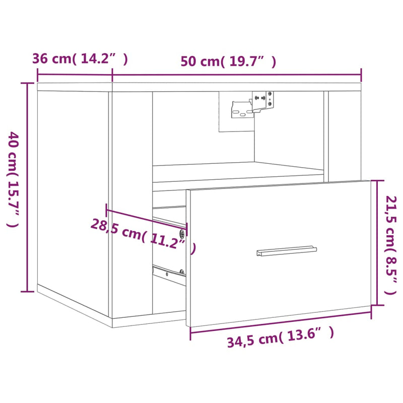 vidaXL Wall-mounted Bedside Cabinet White 50x36x40 cm