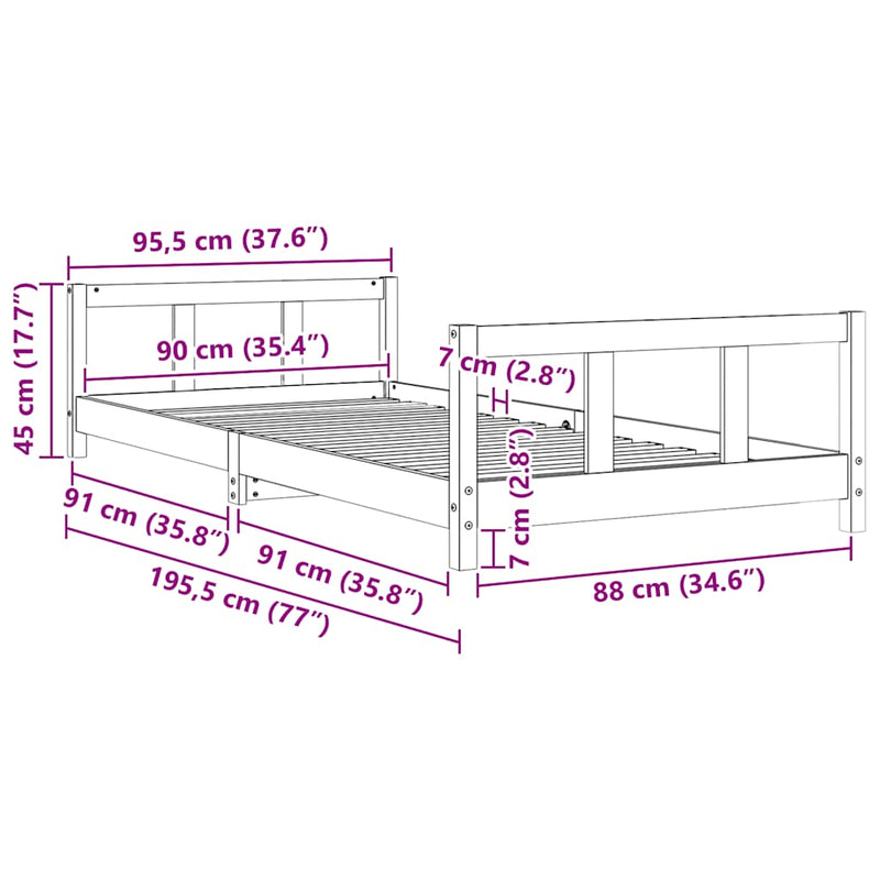 vidaXL Kids Bed Frame 90x190 cm Solid Wood Pine