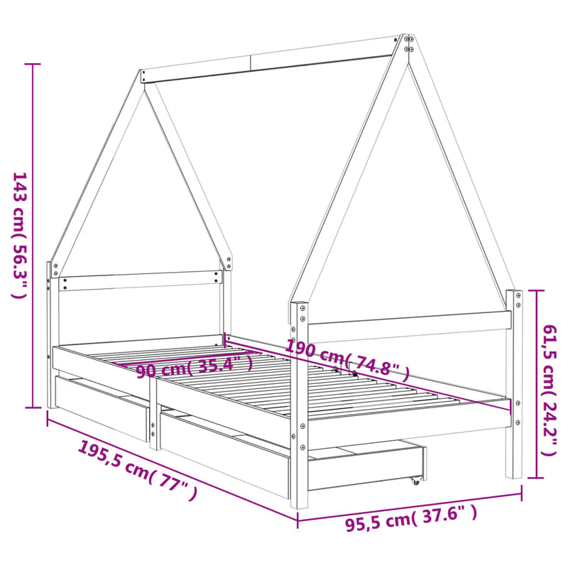 Kids Bed Frame with Drawers White 90x190 cm Solid Wood Pine