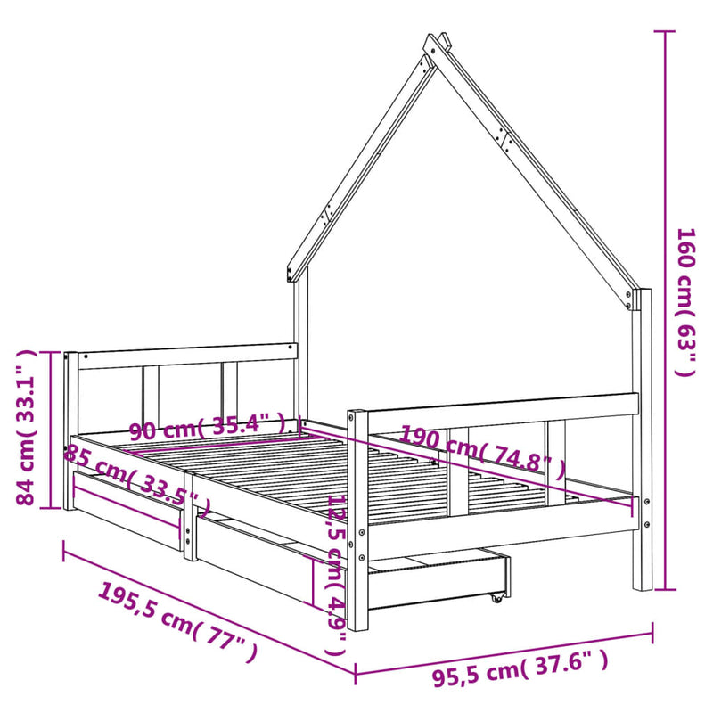 vidaXL Kids Bed Frame with Drawers White 90x190 cm Solid Wood Pine