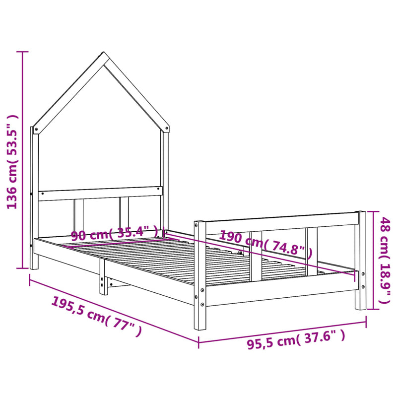 vidaXL Kids Bed Frame White 92x187 cm Single Solid Wood Pine