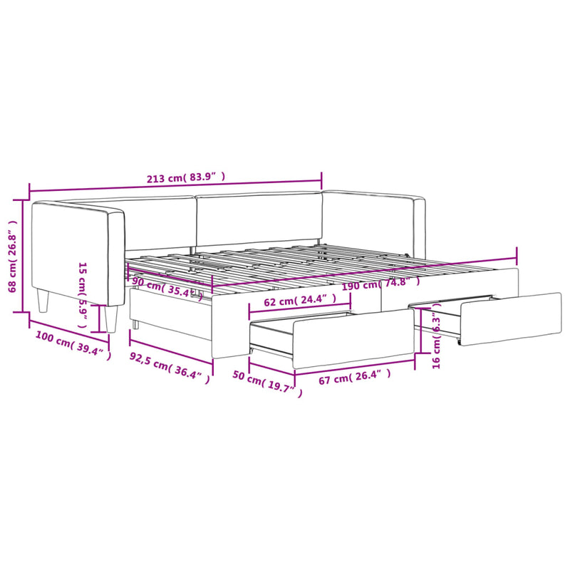 vidaXL Daybed with Trundle&Drawers without Mattress Light Grey 90x190 cm