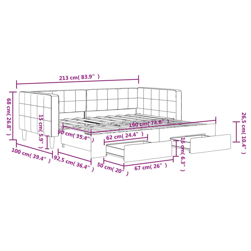 vidaXL Daybed with Trundle&Drawers without Mattress Light Grey 90x190 cm