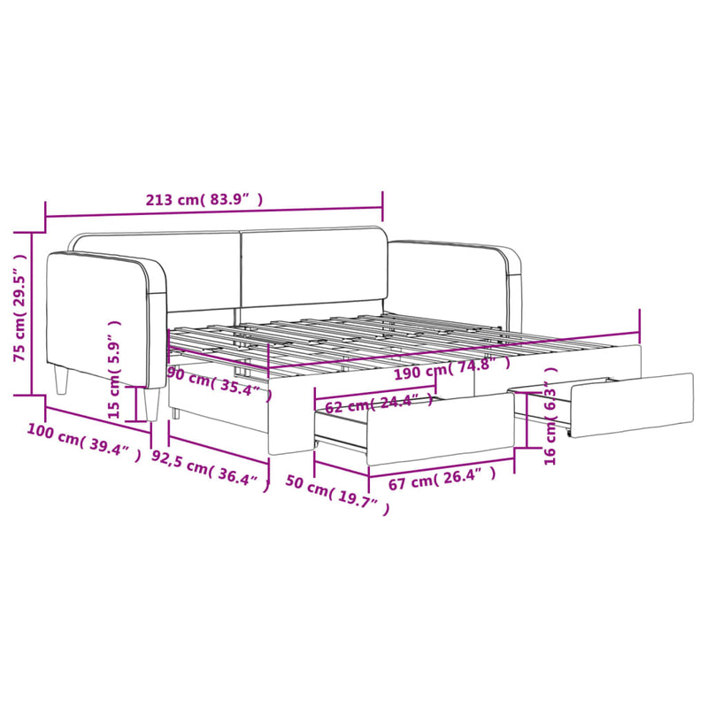 Daybed with Trundle&Drawers without Mattress Dark Grey 90x190 cm