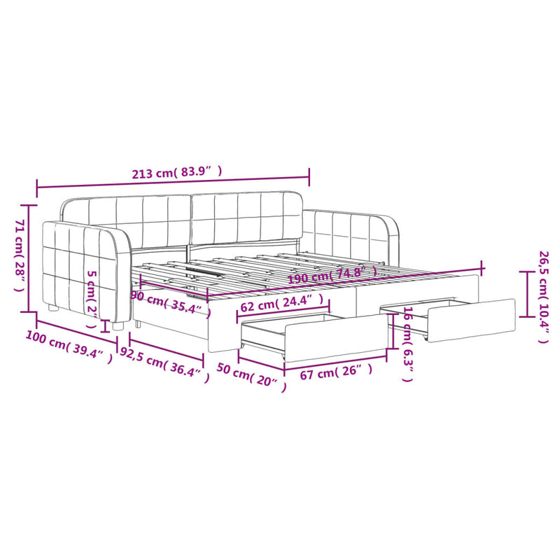 vidaXL Daybed with Trundle&Drawers without Mattress Light Grey 90x190 cm