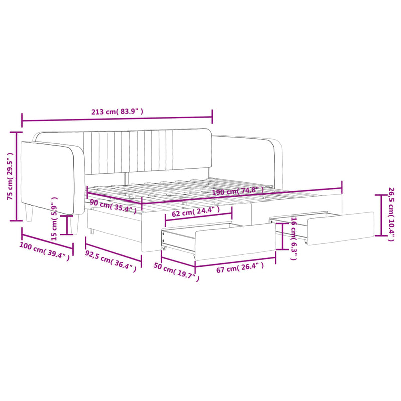 vidaXL Daybed with Trundle&Drawers without Mattress Light Grey 90x190 cm