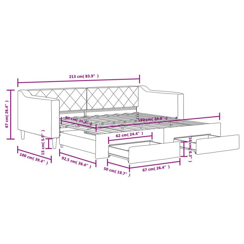 Daybed with Trundle&Drawers without Mattress Dark Grey 90x190 cm