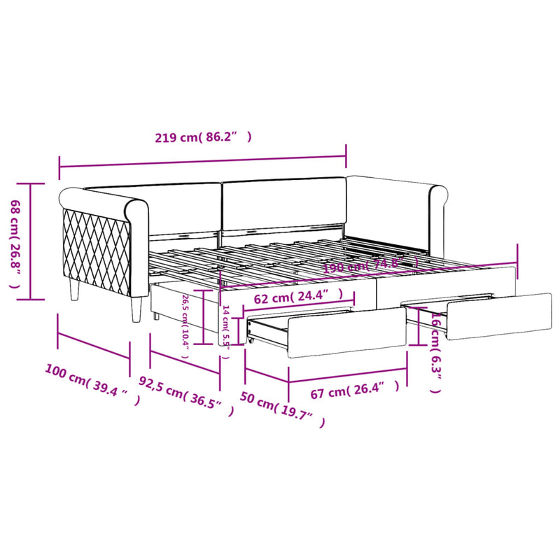 vidaXL Daybed with Trundle&Drawers without Mattress Light Grey 90x190 cm