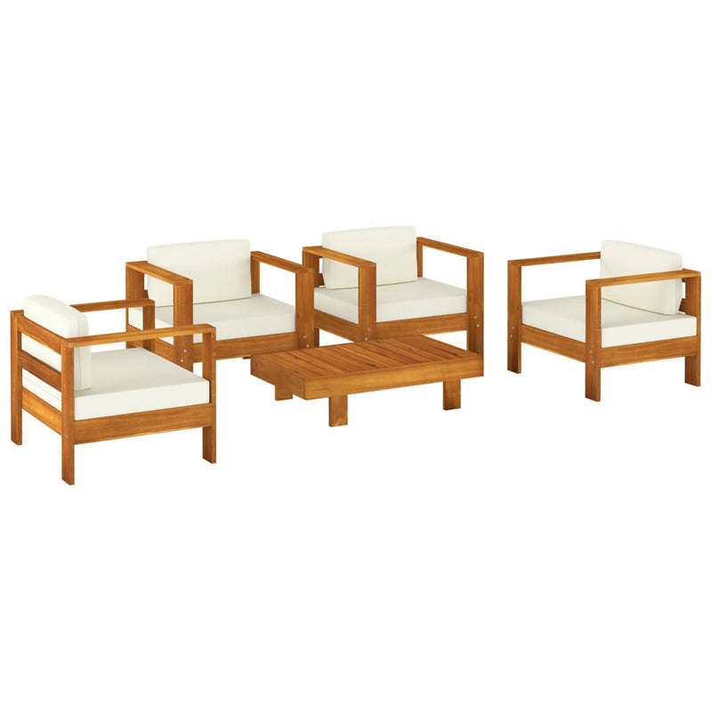 vidaXL 5 Piece Garden Lounge Set with Cream White Cushions Solid Wood