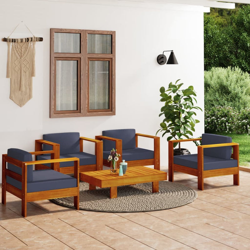 vidaXL 5 Piece Garden Lounge Set with Dark Grey Cushions Solid Wood