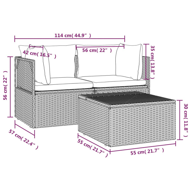 vidaXL 3 Piece Garden Lounge Set with Cushions Grey Poly Rattan