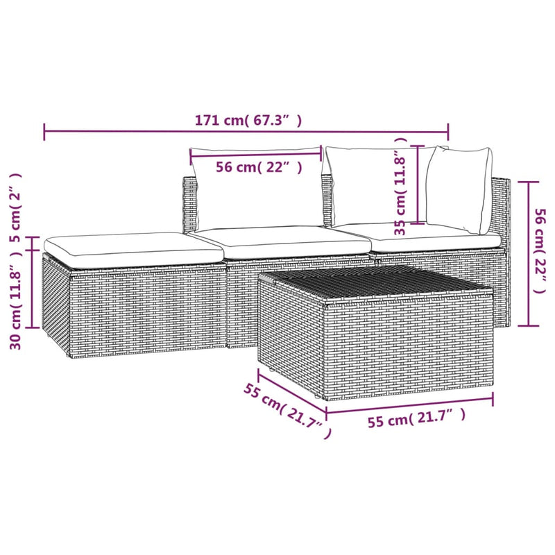 vidaXL 4 Piece Garden Lounge Set with Cushions Grey Poly Rattan