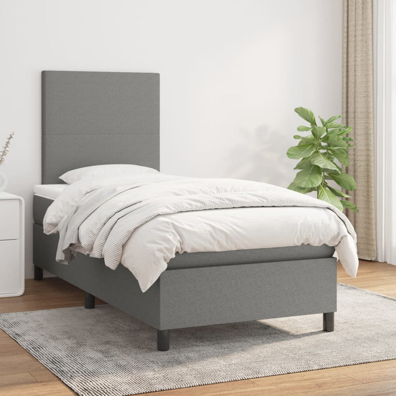 vidaXL Box Spring Bed with Mattress Dark Grey 106x203 cm King Single Size Fabric