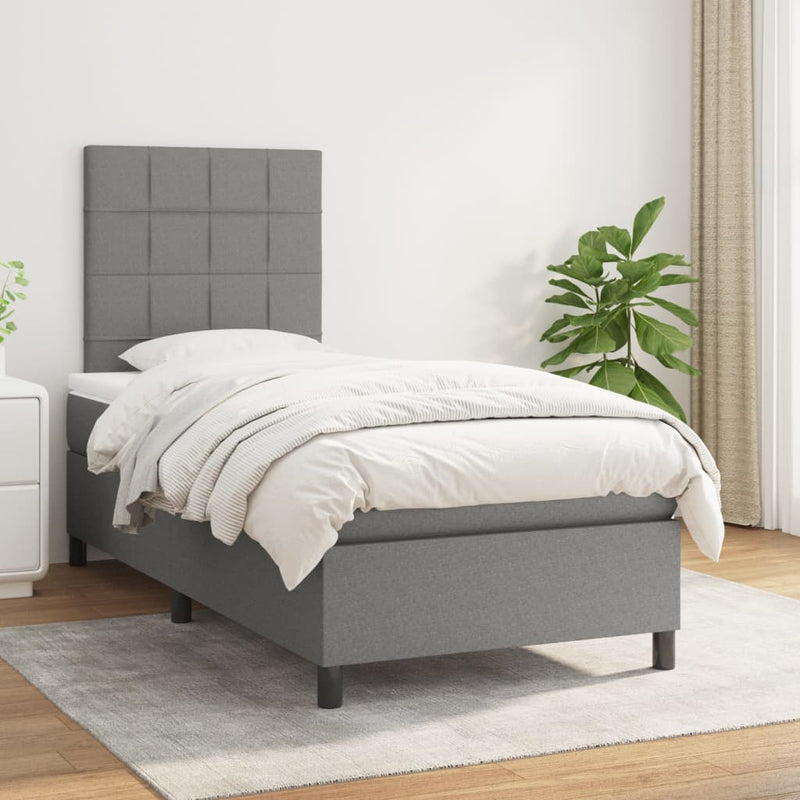 vidaXL Box Spring Bed with Mattress Dark Grey 106x203 cm King Single Size Fabric