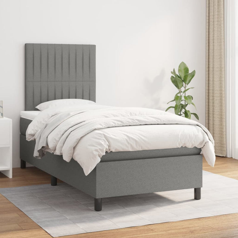 vidaXL Box Spring Bed with Mattress Dark Grey 106x203 cm King Single Size Fabric