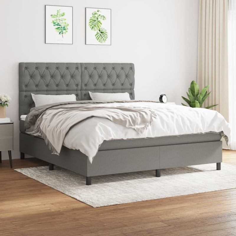vidaXL Box Spring Bed with Mattress Dark Grey 153x203 cm Queen Size Fabric