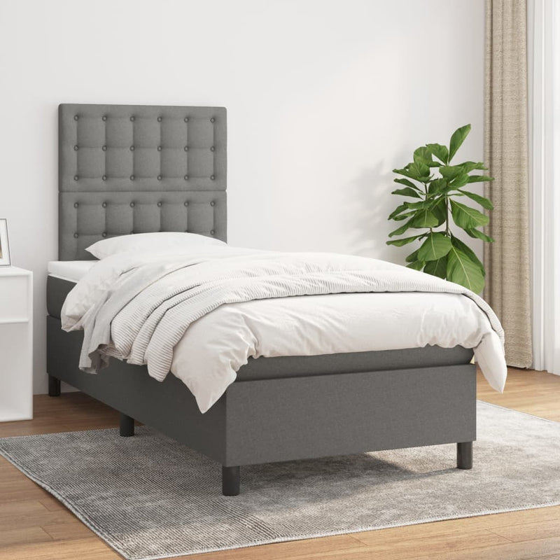 vidaXL Box Spring Bed with Mattress Dark Grey 106x203 cm King Single Size Fabric