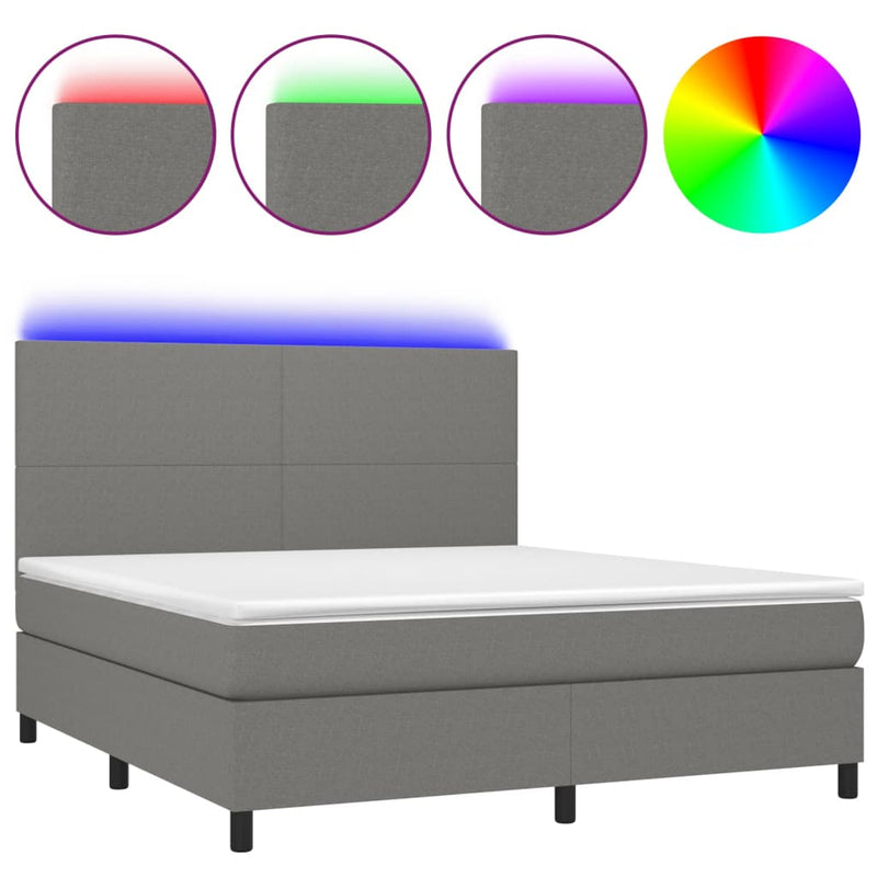 vidaXL Box Spring Bed with Mattress&LED Dark Grey 153x203 cm Queen Size Fabric