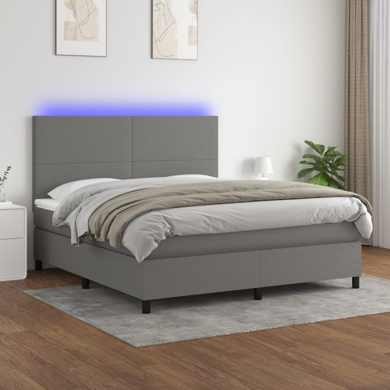 vidaXL Box Spring Bed with Mattress&LED Dark Grey 153x203 cm Queen Size Fabric