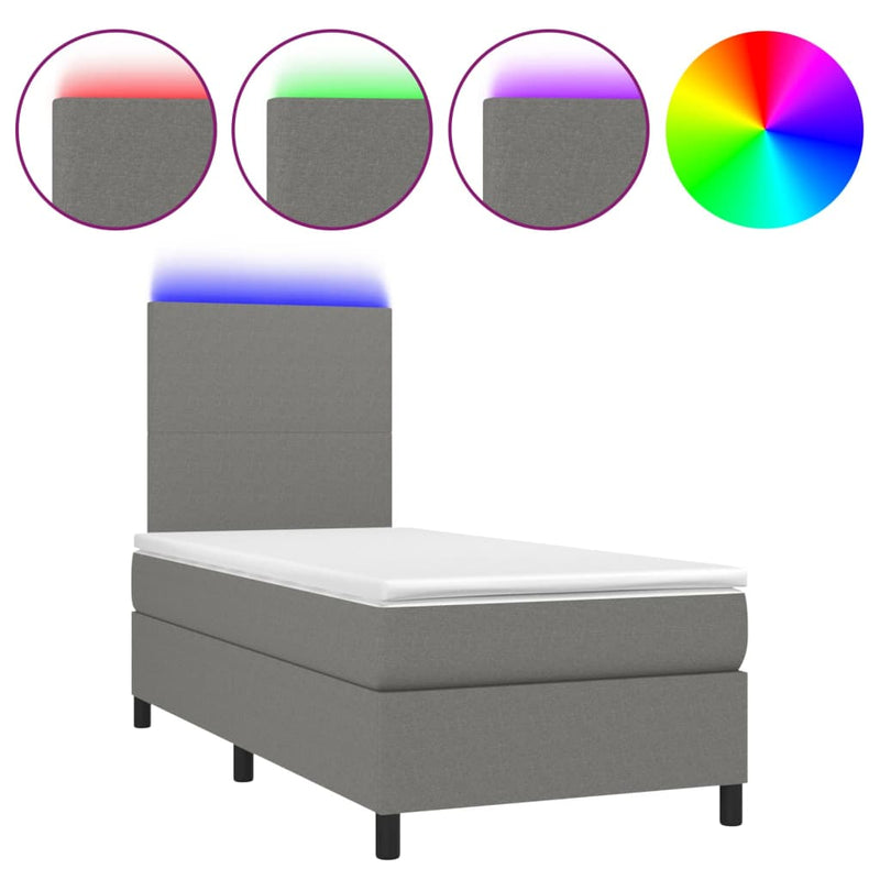 vidaXL Box Spring Bed with Mattress&LED Dark Grey 106x203 cm King Single Size Fabric