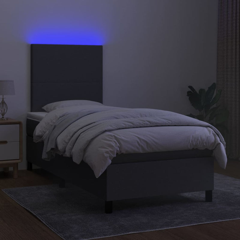 vidaXL Box Spring Bed with Mattress&LED Dark Grey 106x203 cm King Single Size Fabric