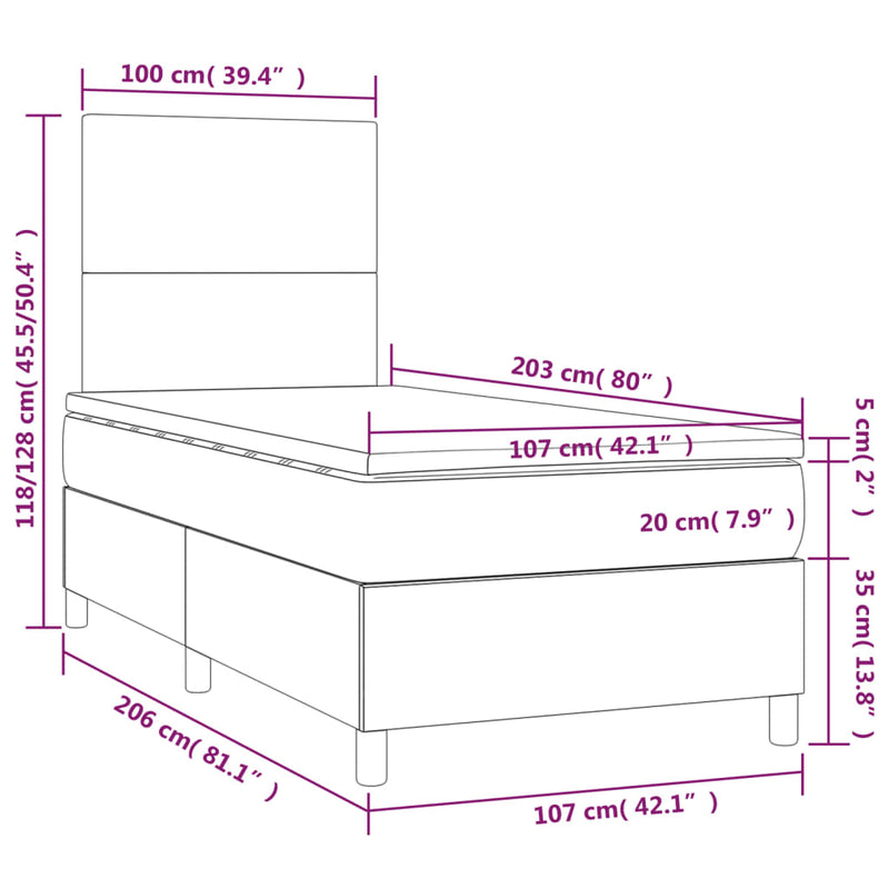 vidaXL Box Spring Bed with Mattress&LED Dark Grey 106x203 cm King Single Size Fabric