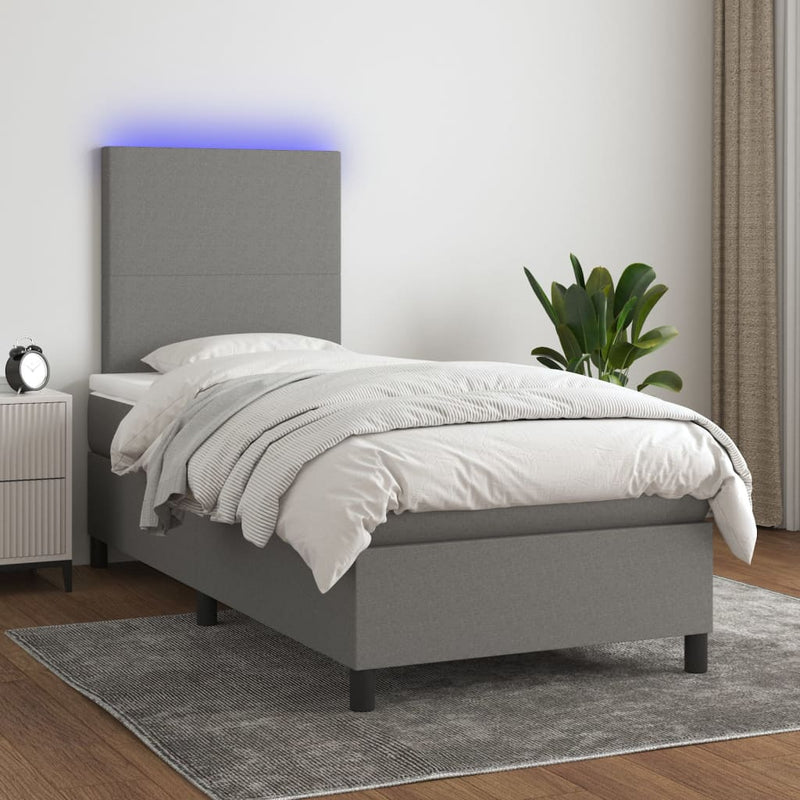 vidaXL Box Spring Bed with Mattress&LED Dark Grey 106x203 cm King Single Size Fabric