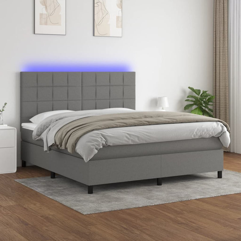vidaXL Box Spring Bed with Mattress&LED Dark Grey 153x203 cm Queen Size Fabric