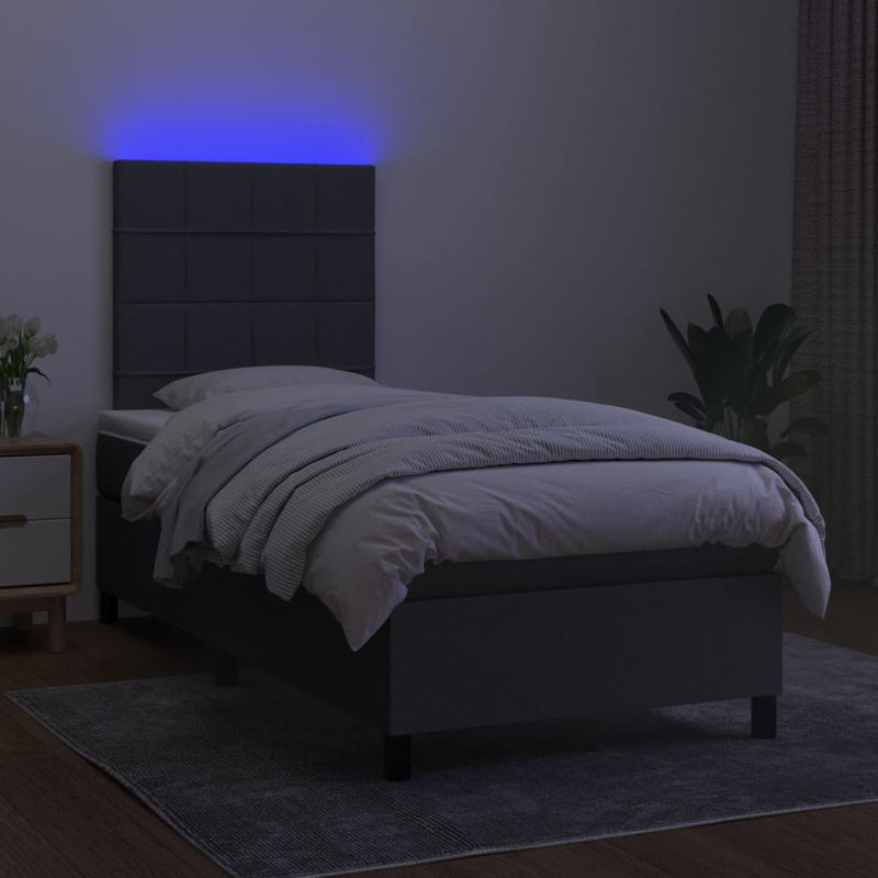 vidaXL Box Spring Bed with Mattress&LED Dark Grey 106x203 cm King Single Size Fabric