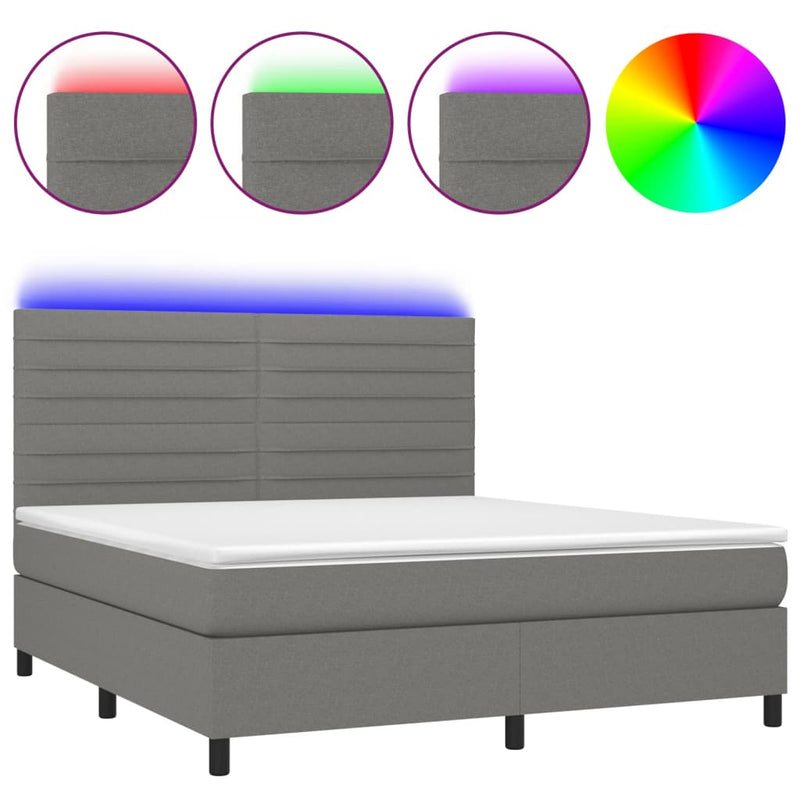 vidaXL Box Spring Bed with Mattress&LED Dark Grey 153x203 cm Queen Size Fabric
