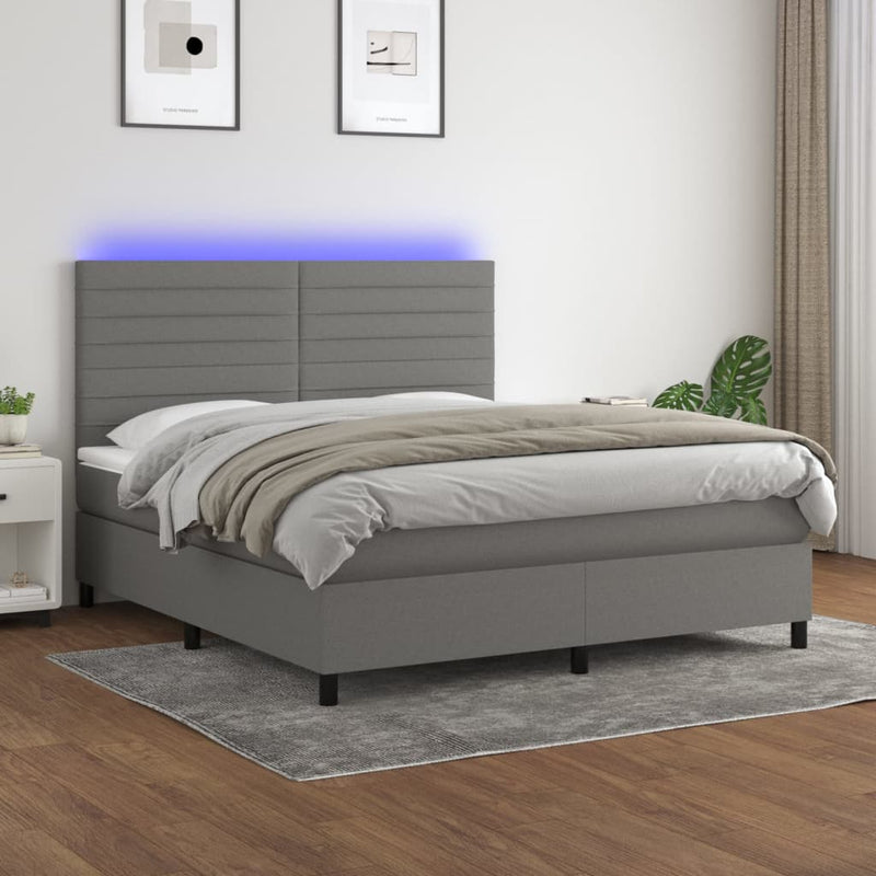vidaXL Box Spring Bed with Mattress&LED Dark Grey 153x203 cm Queen Size Fabric