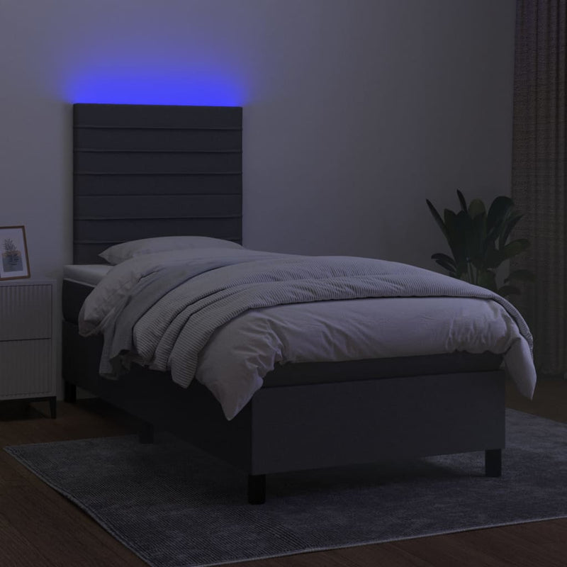 vidaXL Box Spring Bed with Mattress&LED Dark Grey 106x203 cm King Single Size Fabric