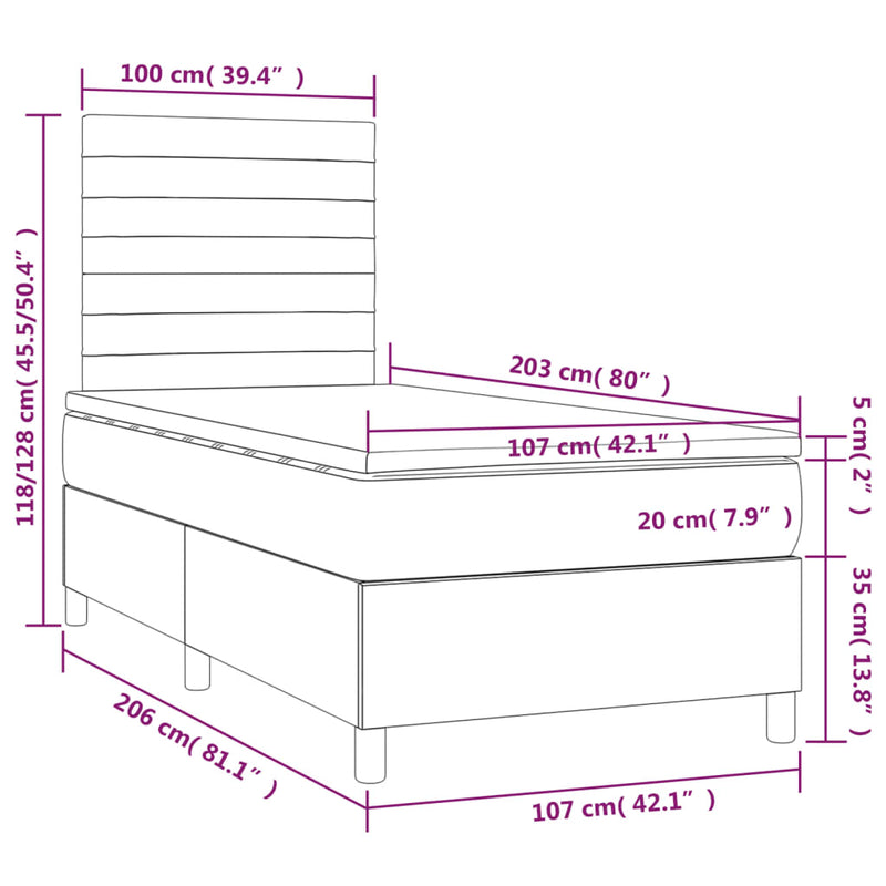 vidaXL Box Spring Bed with Mattress&LED Dark Grey 106x203 cm King Single Size Fabric
