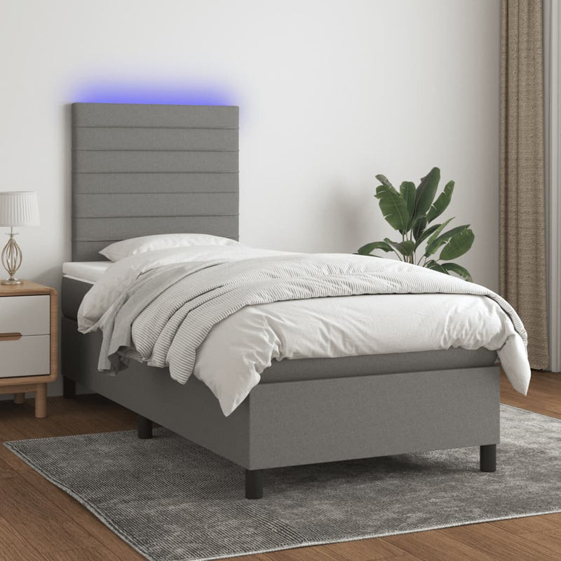 vidaXL Box Spring Bed with Mattress&LED Dark Grey 106x203 cm King Single Size Fabric