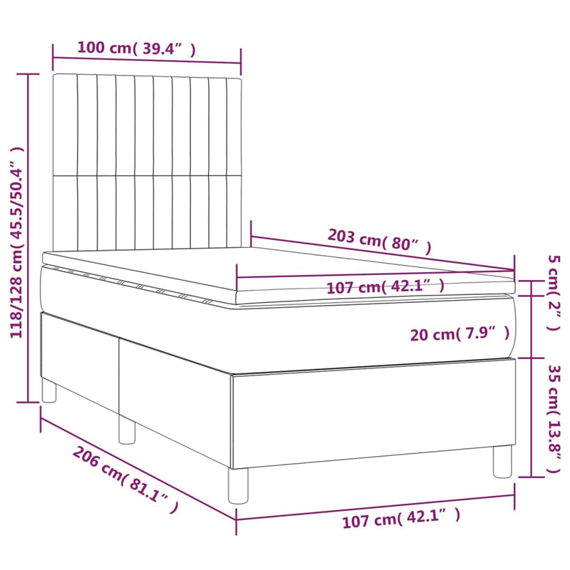 vidaXL Box Spring Bed with Mattress&LED Dark Grey 106x203 cm King Single Size Fabric