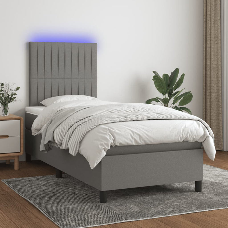 vidaXL Box Spring Bed with Mattress&LED Dark Grey 106x203 cm King Single Size Fabric