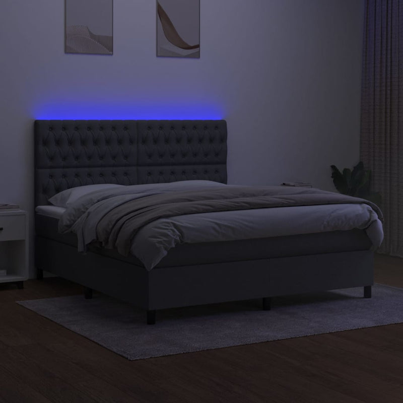 vidaXL Box Spring Bed with Mattress&LED Dark Grey 153x203 cm Queen Size Fabric