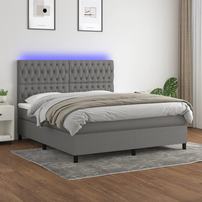 vidaXL Box Spring Bed with Mattress&LED Dark Grey 153x203 cm Queen Size Fabric
