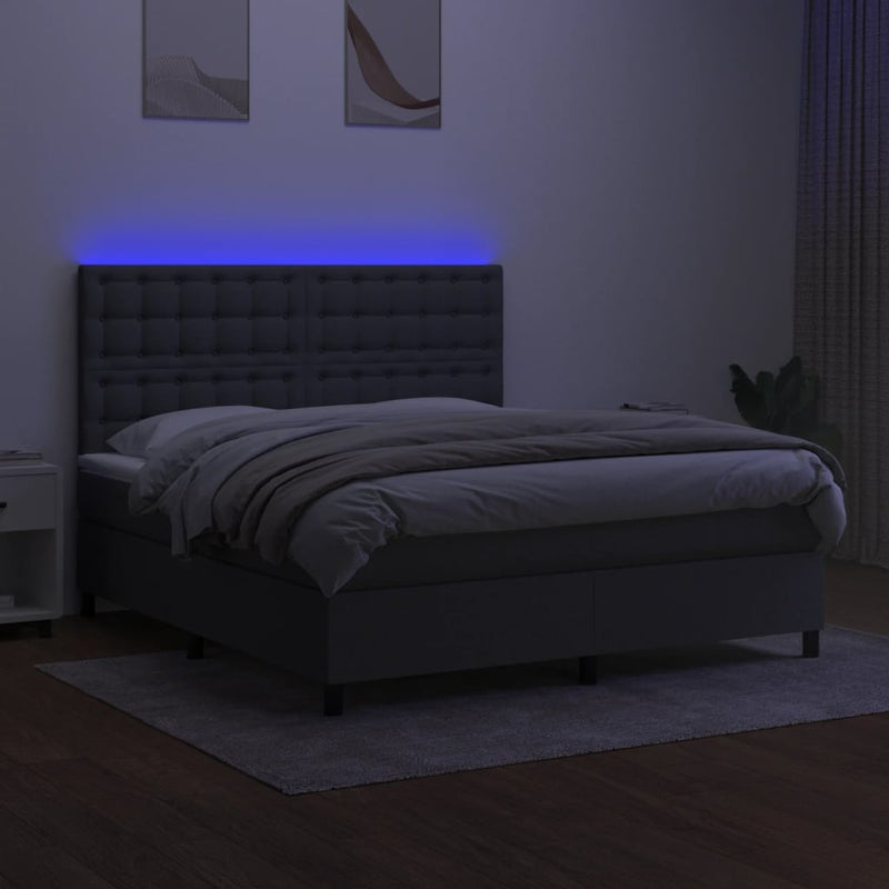 vidaXL Box Spring Bed with Mattress&LED Dark Grey 153x203 cm Queen Size Fabric