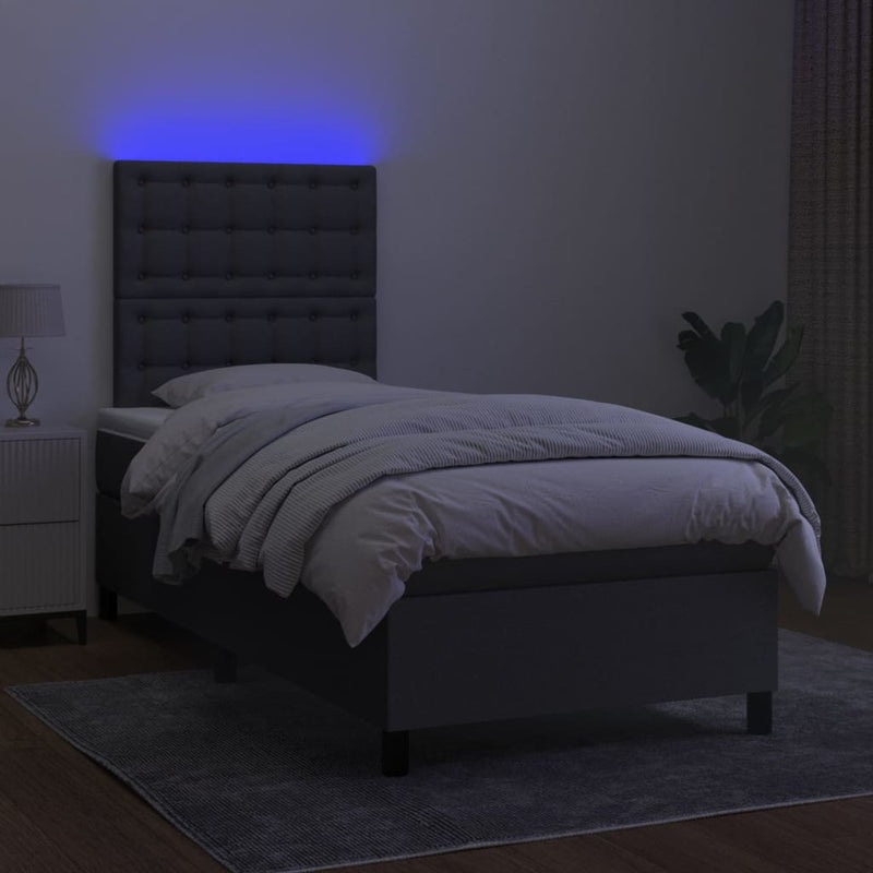 vidaXL Box Spring Bed with Mattress&LED Dark Grey 106x203 cm King Single Size Fabric