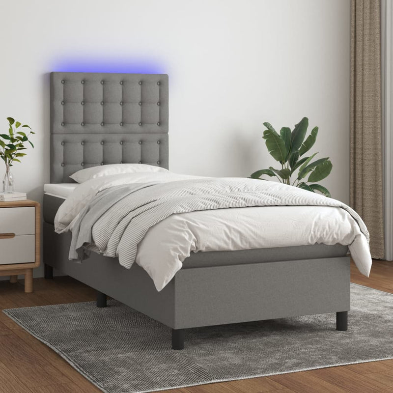 vidaXL Box Spring Bed with Mattress&LED Dark Grey 106x203 cm King Single Size Fabric