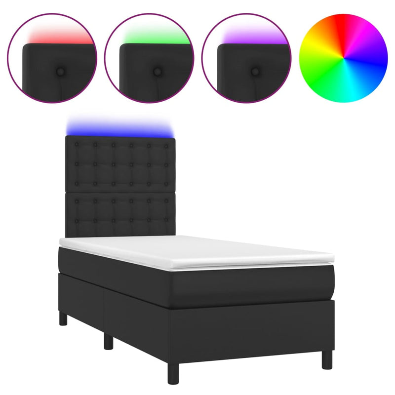vidaXL Box Spring Bed with Mattress&LED Black 106x203 cm King Single Size Faux Leather