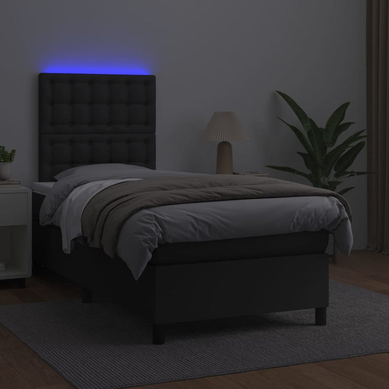 vidaXL Box Spring Bed with Mattress&LED Black 106x203 cm King Single Size Faux Leather