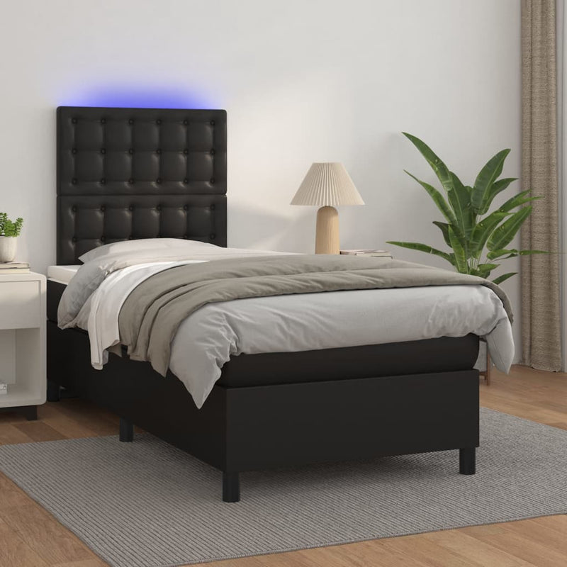 vidaXL Box Spring Bed with Mattress&LED Black 106x203 cm King Single Size Faux Leather