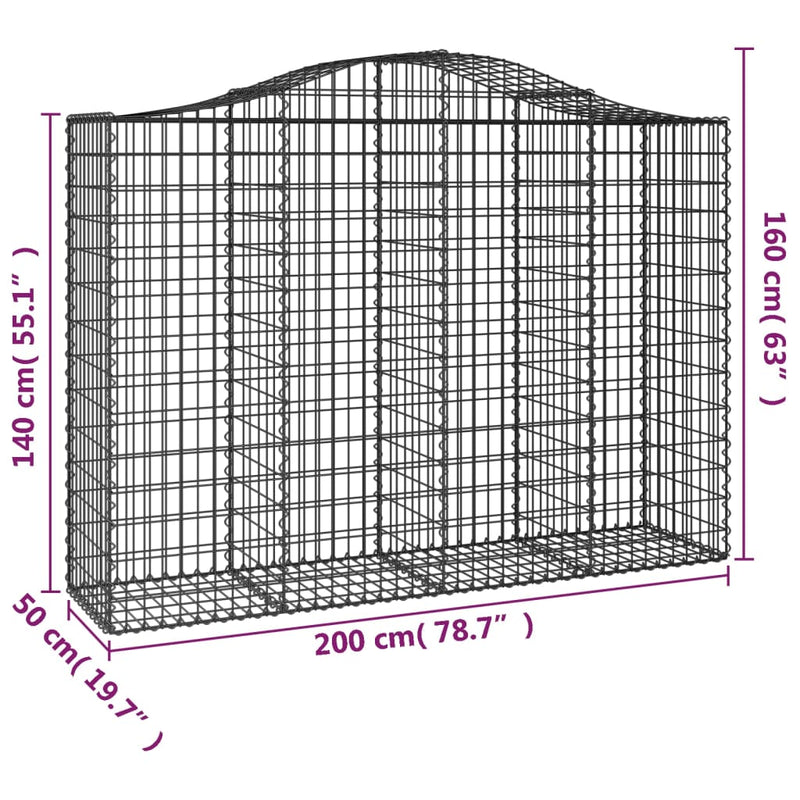 vidaXL Arched Gabion Basket 200x50x140/160 cm Galvanised Iron
