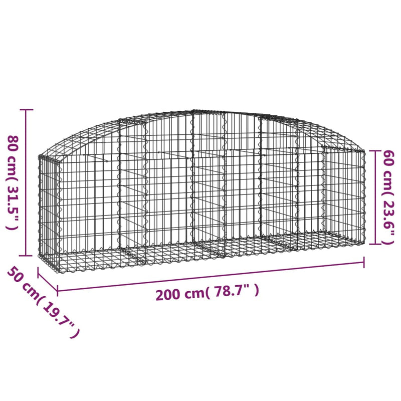 vidaXL Arched Gabion Basket 200x50x60/80 cm Galvanised Iron